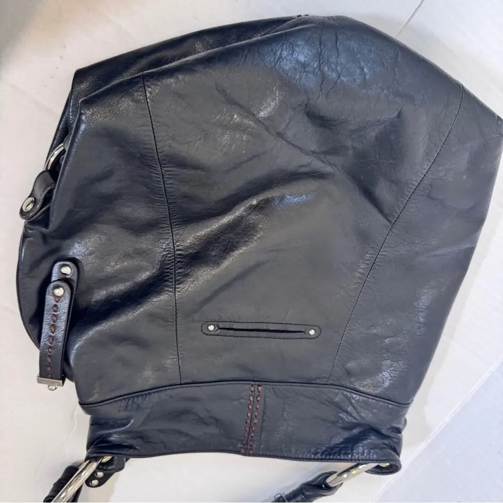B Makowsky Black Leather Large Hobo Shoulder Bag Handbag Purse Women’s Fall Boho